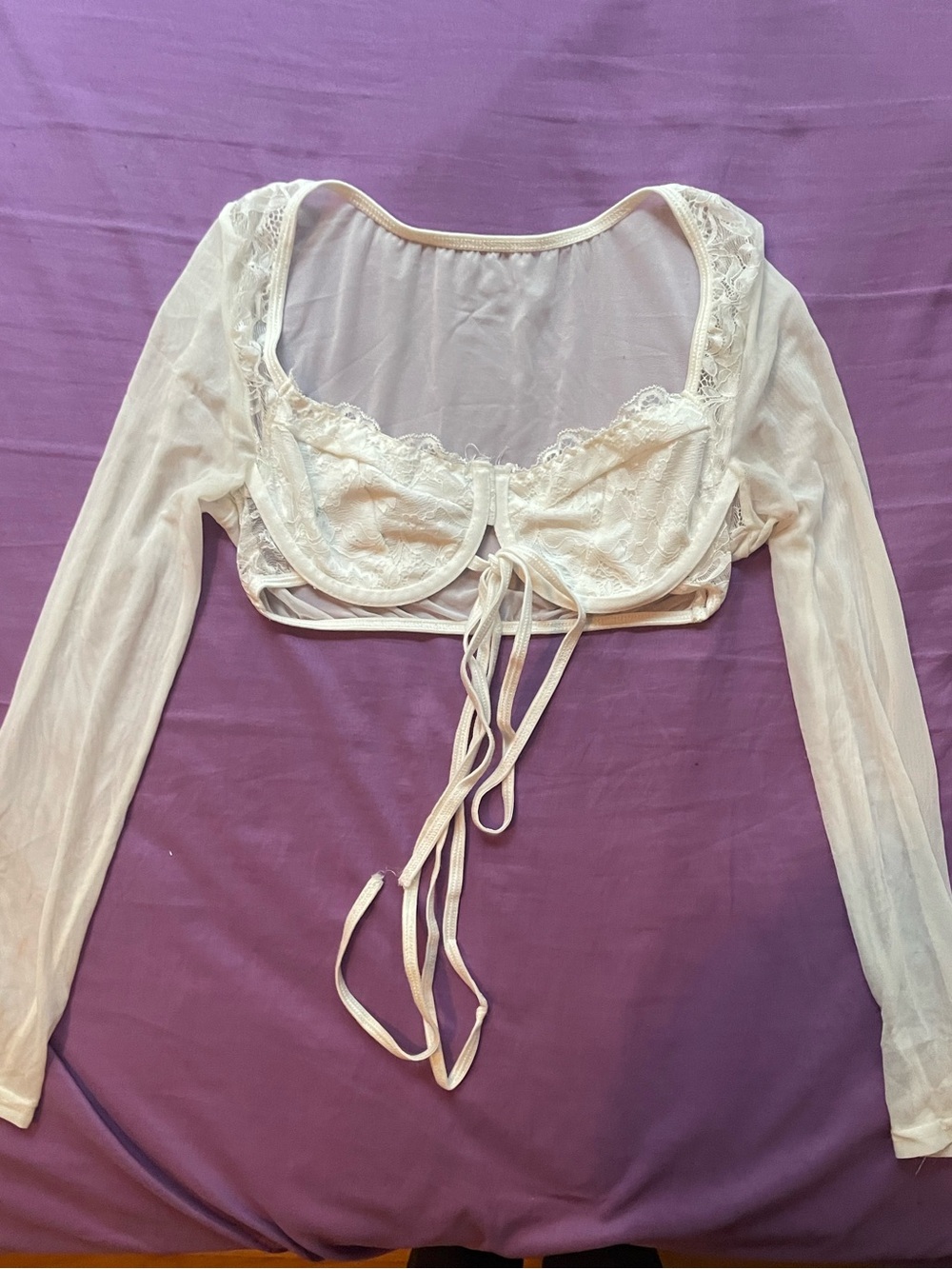 Sheer Lace-Trim Long Sleeve Crop Top - White